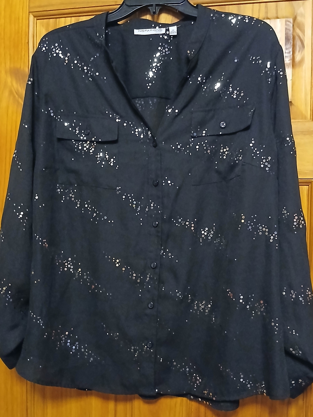 Notations Black Sequin Button-Front Blouse